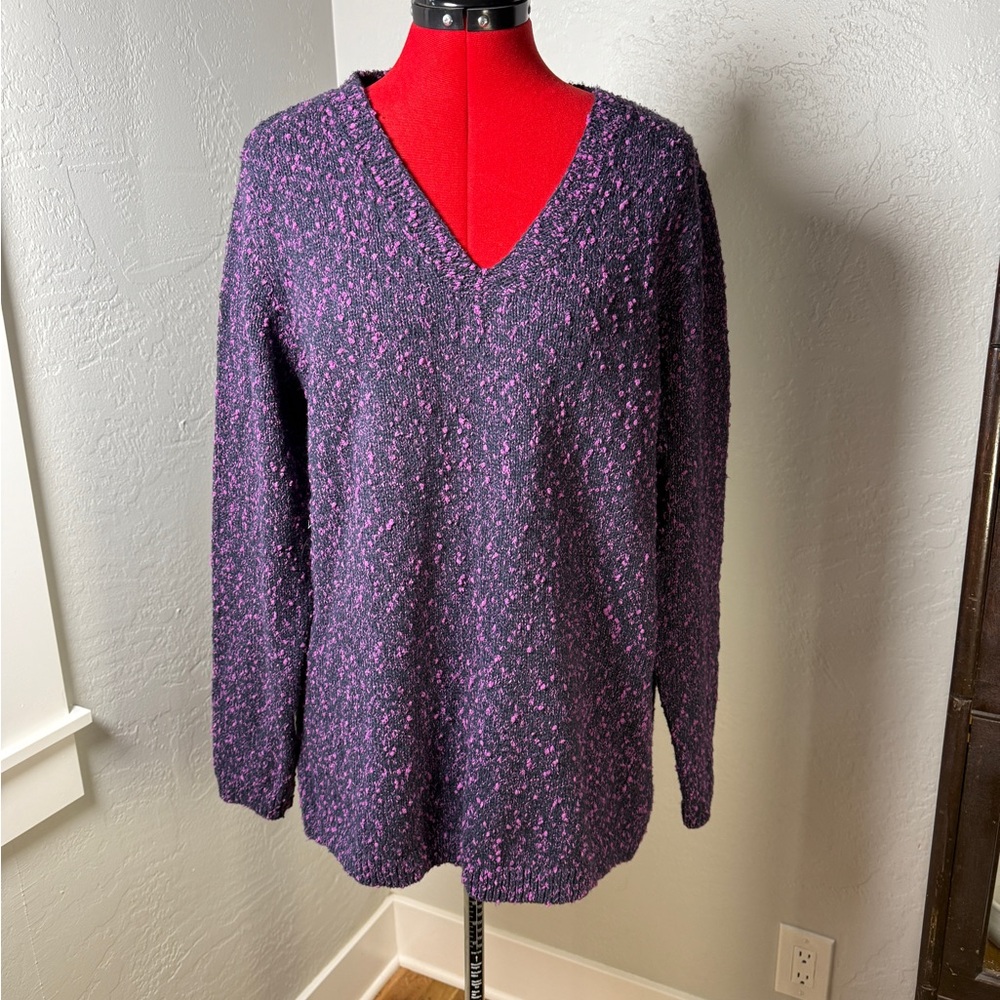 J.Jill Purple Textured Bouclé Cotton Blend Knit V-Neck Sweater Size L